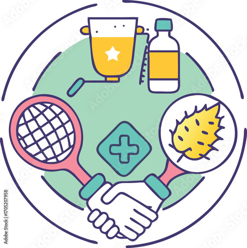 Badge-style icon of pickleball paddle, ball, and court in circle frame with trophy, handshake, bag, and water bottle integrated.