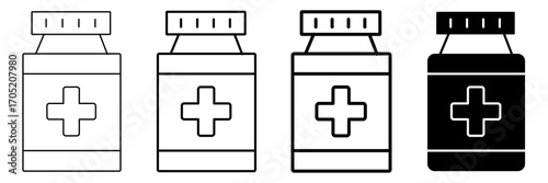 medical pill bottle icons with cross symbol for healthcare and pharmacy vector illustration isolated on transparent background
