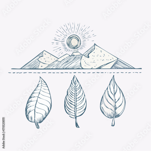 Hand-drawn sketch of mountains and leaves under a radiant sun, representing nature and simplicity