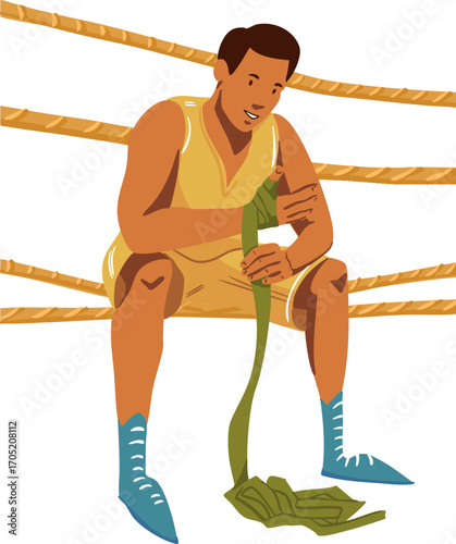 A man is sitting on the ropes of a boxing ring and wrapping his hands with bandages. Vector illustration.
