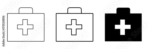 medical first aid kit bag icons with cross symbol, healthcare emergency box illustration, simple black and white style isolated on transparent background