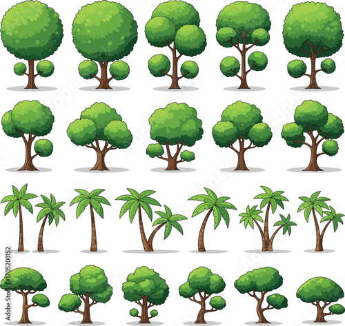 Cartoon trees, forest elements, tropical palms, bushy foliage, nature icons, tree variety, outdoor design, game props, stylized trunks, green canopy