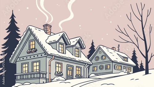 Cozy winter scene with snow covered houses and warm light glowing from windows on a quiet evening