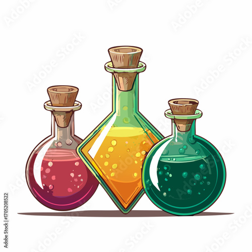 Three cartoon potion bottles filled with colorful liquids red, orange, and green, stoppered with corks, suitable for fantasy games or magical themes