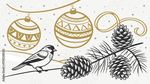 Whimsical hand drawn christmas ornaments and pine cones with a small bird perched on a pine branch