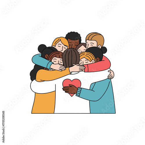 Diverse group hugging with love and support, symbolizing unity and connection among multicultural people, creating a warm and inclusive atmosphere