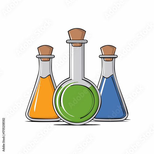 Colorful Flasks Vector Illustration of Three Chemical Beakers with Colored Liquids for Educational Design