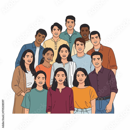 Diverse group of people smiling together in a friendly gathering, showcasing unity and connection among a multiethnic community