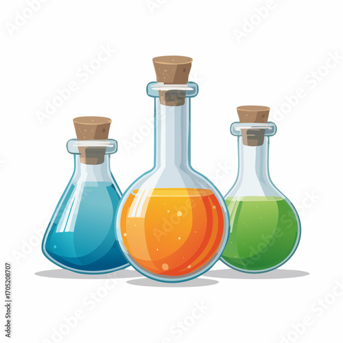 Colorful glass flasks containing mysterious elixirs. A set of fantasy potion bottles for science experiments or magical spells, isolated on a white background