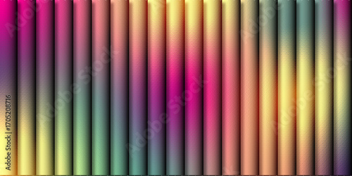 Colorful vector illustration of abstract vertical rainbow striped pattern with seamless texture. Abstract pink, purple, and yellow glass gradient on a black background. glossy, translucent texture. 3d