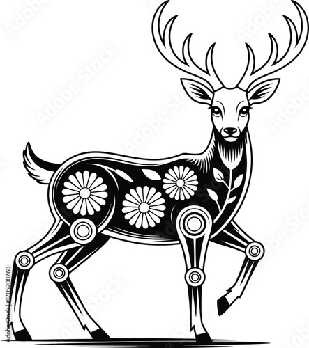 Black and white stylized deer with floral patterns
