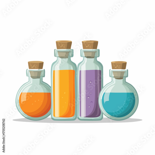 A collection of colorful magic potion bottles with cork stoppers, featuring vibrant alchemical elixirs isolated on a white background