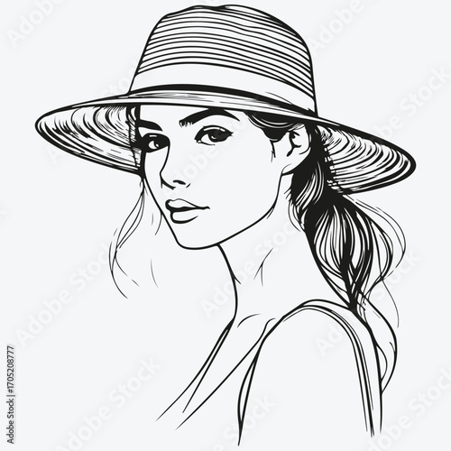 woman summer hat sketch illustration vector