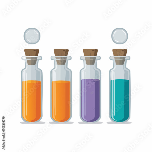 Collection of colorful magic potion bottles with cork stoppers. Vector set of glass vials with orange, purple, and teal elixirs for fantasy or alchemy concepts