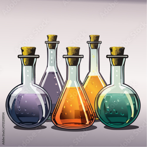 Collection of various colorful potions in round glass bottles with cork stoppers, illustrating magical elixirs and scientific experiments