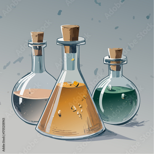 Mystical concoctions and elixirs in glass flasks, a concept for alchemy, science, and fantasy