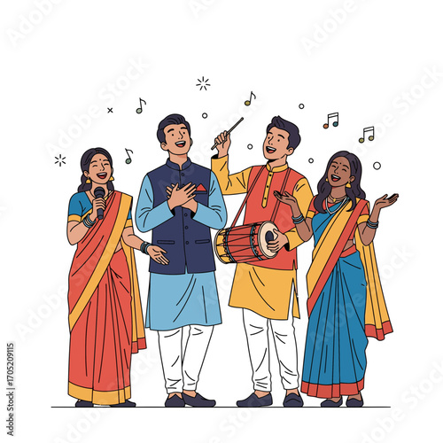 Group of Indian people singing and playing musical instruments in traditional clothing with music notes and stars