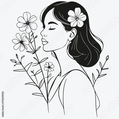 woman line art flowers sketch illustration vector