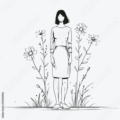 woman standing with flowers sketch illustration vector