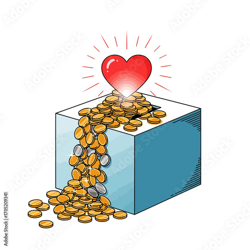 Heart glowing above a donation box overflowing with gold and silver coins symbolizing generosity and charitable giving