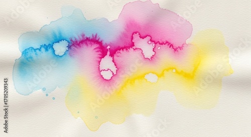 Watercolor splash pink, yellow, and blue hues blend on textured off-white paper, creating an abstract shape