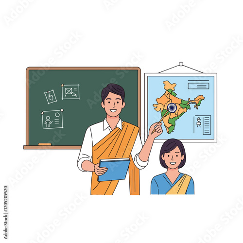 Indian teacher in saree explaining map of India to student in classroom setting with blackboard teaching