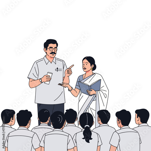 Indian teachers instructing students in a classroom setting with traditional attire and engaged expressions in a vector illustration