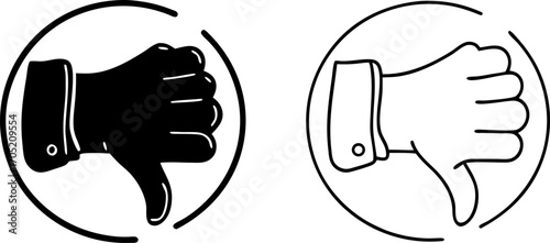 Thumbs Down Icons in Outline and Solid Black Vector represent disapproval in digital interfaces