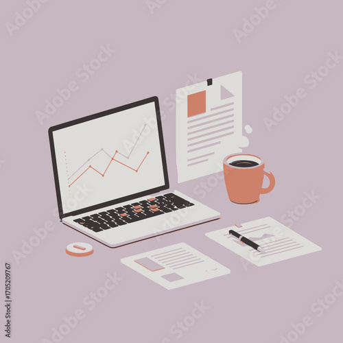 Isometric workspace illustration featuring laptop with financial charts, coffee cup, and documents for office productivity