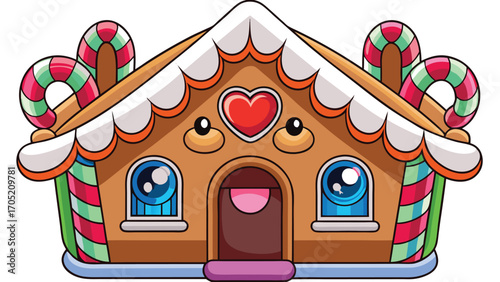 Whimsical cartoon gingerbread house decorated with icing candy canes and a heart shaped window
