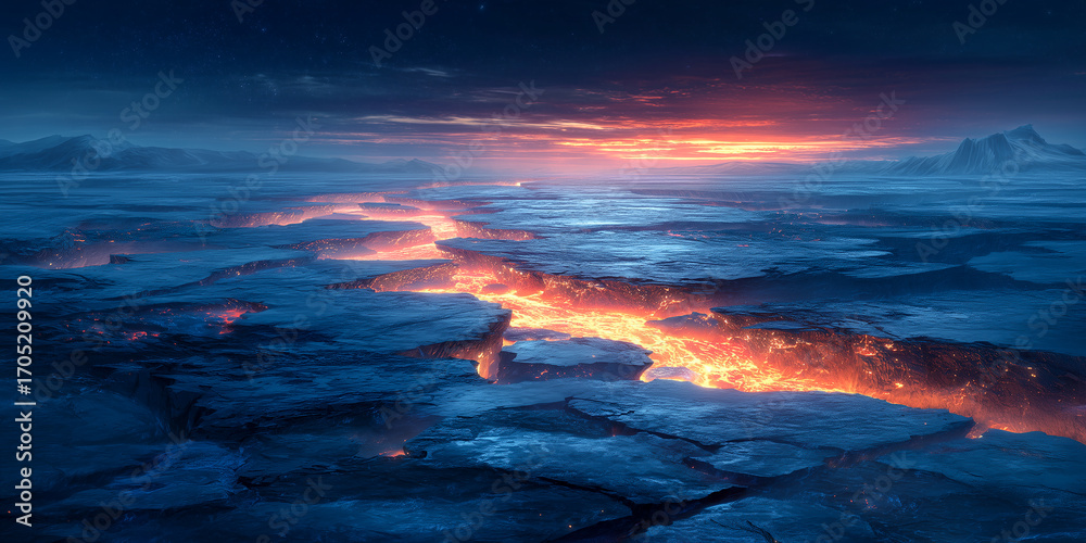 Fototapeta premium surreal landscape icy desert merging with lava river fantasy scenery