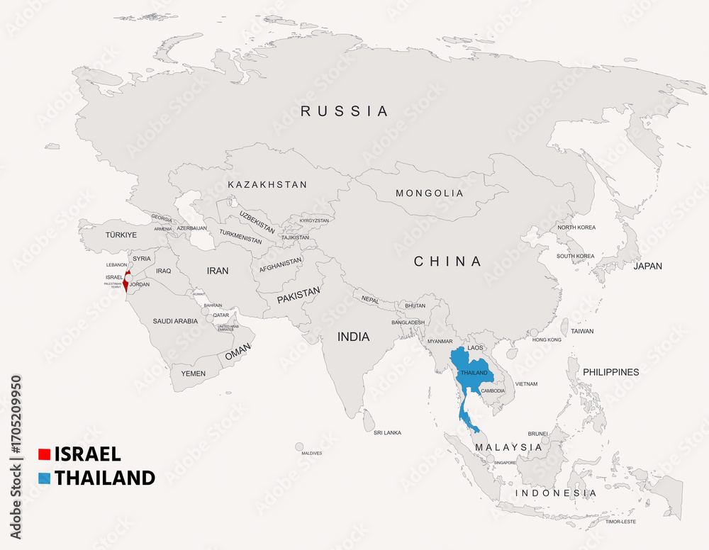 Naklejka premium Thailand and Israel Country Maps with Borders Geographic Overview Illustration
