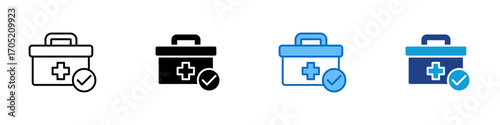 Medical Supplies Multiple Style Icon Design Vector - First aid kit with check mark, representing reliable medical supply stockpiling