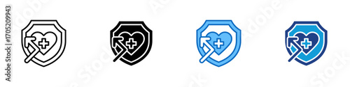 Health Resilience Multiple Style Icon Design Vector - Shield with heart and arrow showing resilient healthcare infrastructure planning