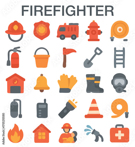 Set of Flat Design Firefighter Icons