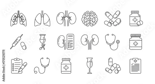 Collection of linear medical icons featuring human organs like lungs and kidneys, pharmaceutical drugs, and diagnostic tools for healthcare concepts