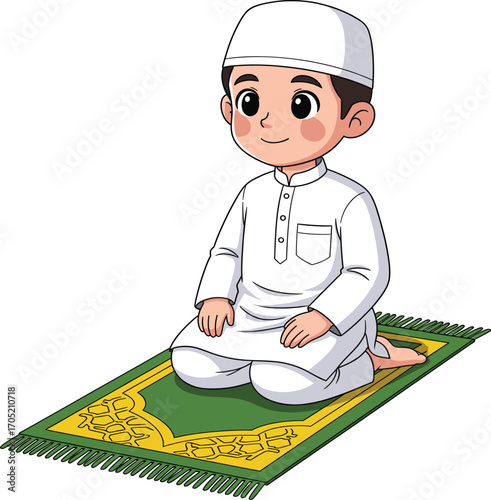 Child praying cartoon, Islamic attire illustration, kneeling on prayer mat vector, religious practice design, cultural education character asset