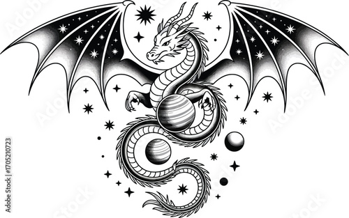 Black and white dragon with planets and stars fantasy
