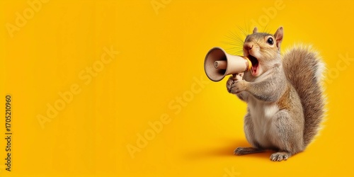 Squirrel holds megaphone before yellow background,concept of animal advertising,marketing,business