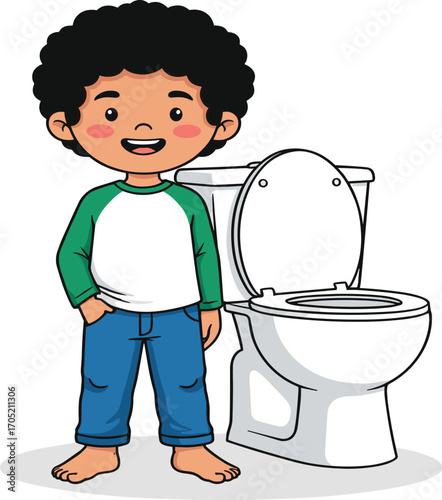 Child toilet training cartoon, hygiene behavior illustration, smiling character near toilet, bathroom routine vector, educational asset for kids