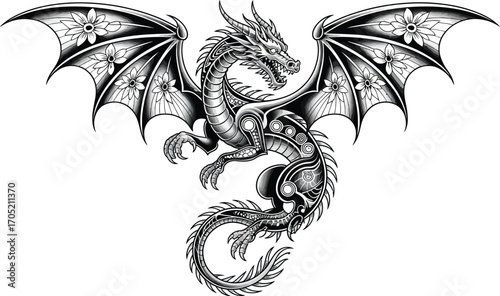 Black and white dragon with ornate wings and floral patterns