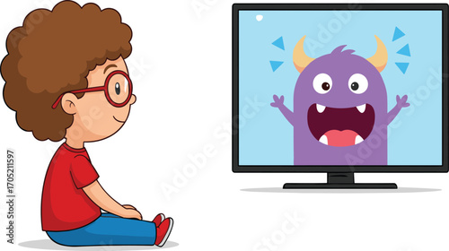 Child watching TV illustration, cartoon screen time vector, entertainment clipart, emotional reaction artwork, kids media moment, playful indoor activity design