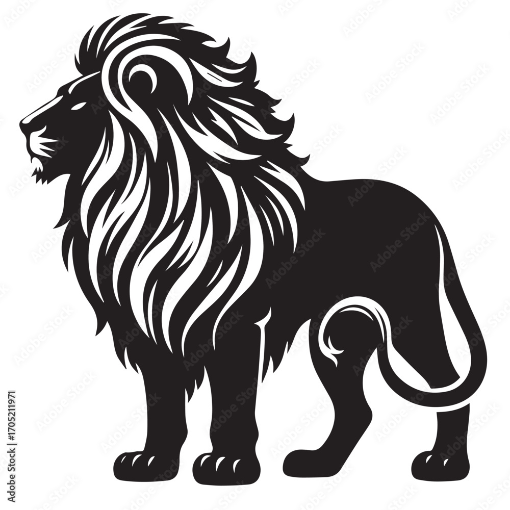 Fototapeta premium Majestic black silhouette of a lion with detailed mane and tail vector