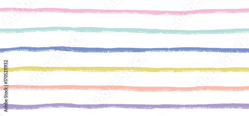 Horizontal multicolored lines of pastel pencils on a white background. Hand drawn seamless vector pattern. Simple striped texture for design, wallpaper, textile.