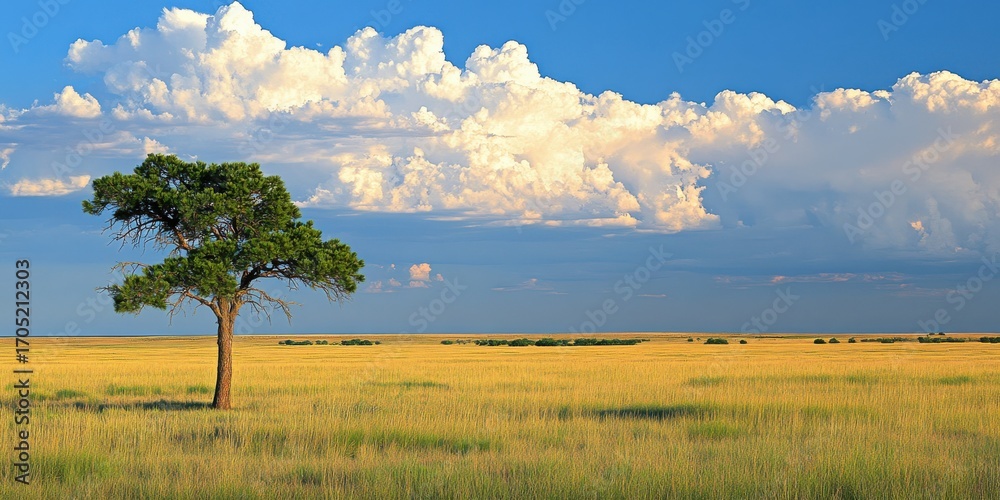 Obraz premium Solitary Tree in Golden Field Against Blue Sky with Cumulus Clouds