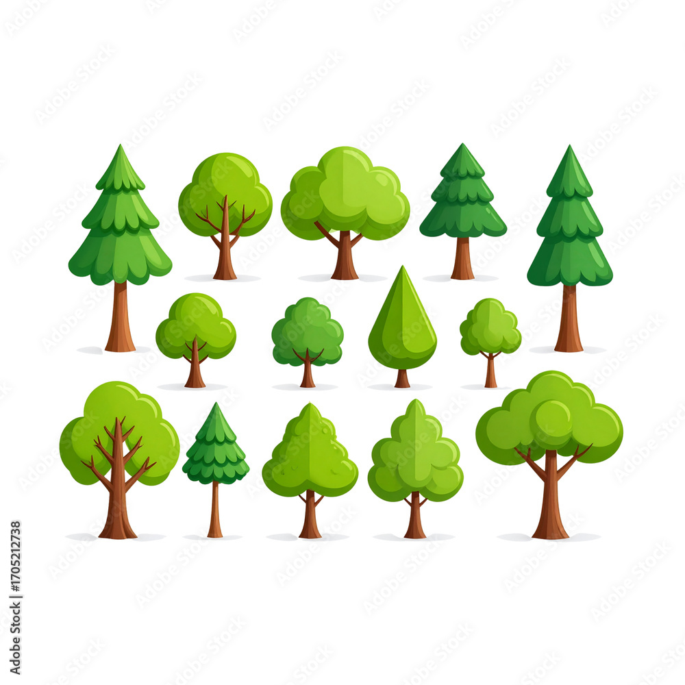 Fototapeta premium Four cartoon vector trees with vibrant leaves in a set for any season