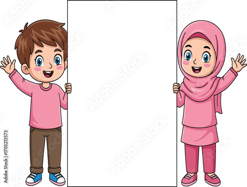 Children holding blank sign cartoon, customizable poster illustration, smiling characters vector, educational and promotional asset, inclusive design scene