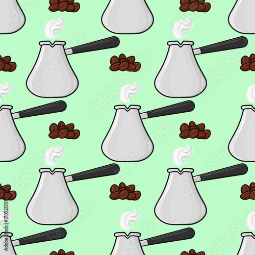 Seamless pattern of coffee pots and coffee beans on a light green background.