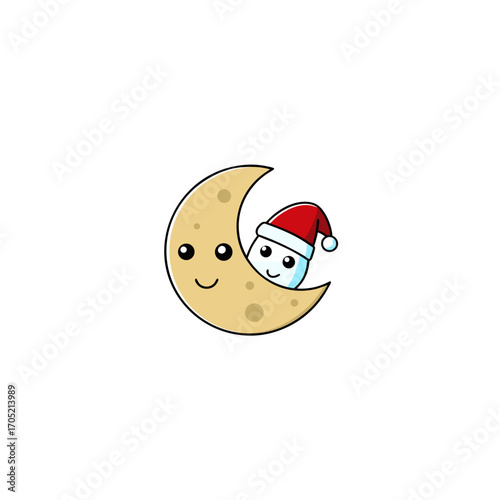 Cute marshmallow with santa hat peeking from moon isolated on transparent background