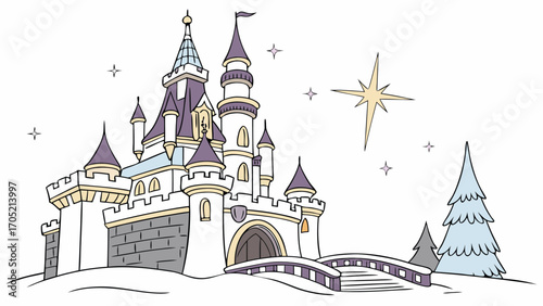 Whimsical fairytale castle with snow covered bridge and sparkling star on a wintery night